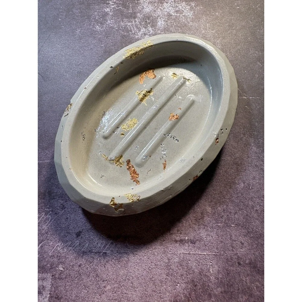 Handmade Soap Dish Cement Soap Oval Bathroom Kitchen Gold Copper Silver Flake